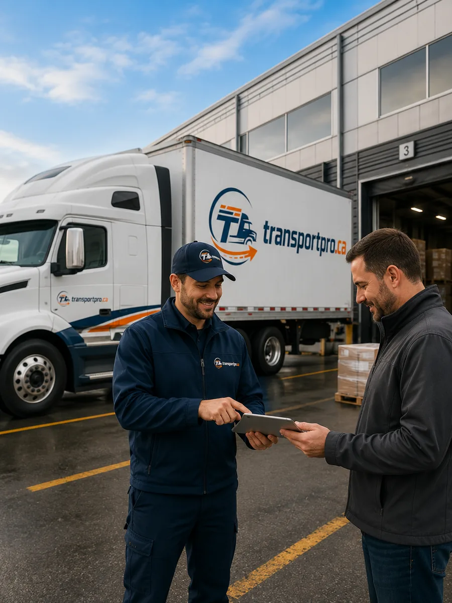 Remise de documents de transport à un client devant un camion
